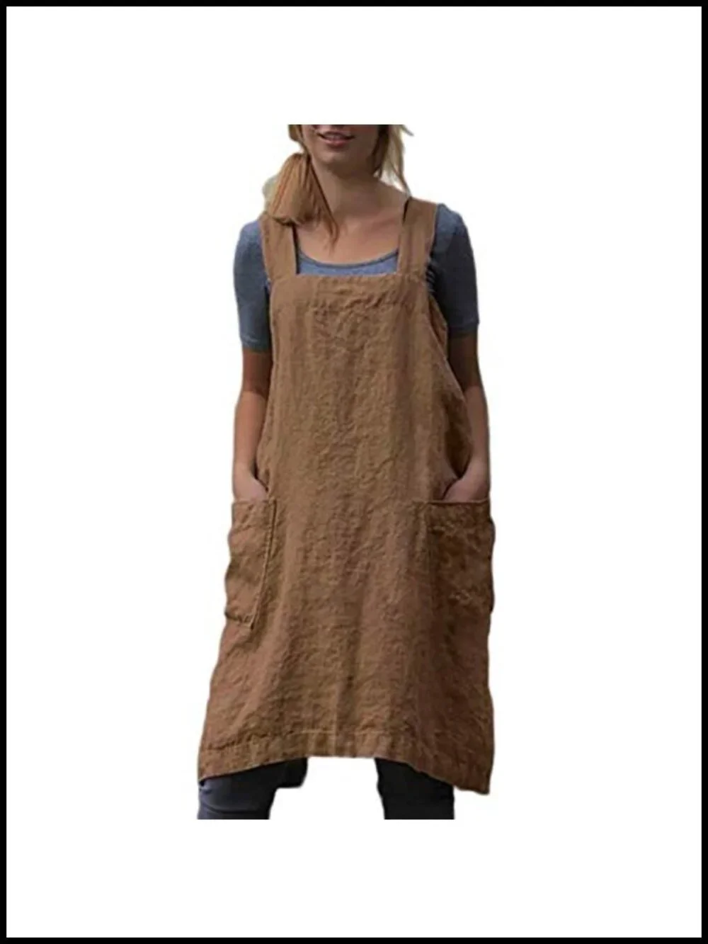 Pinafore Apron Smock Cotton Linen Apron with Pockets Plus Size Cross-Back